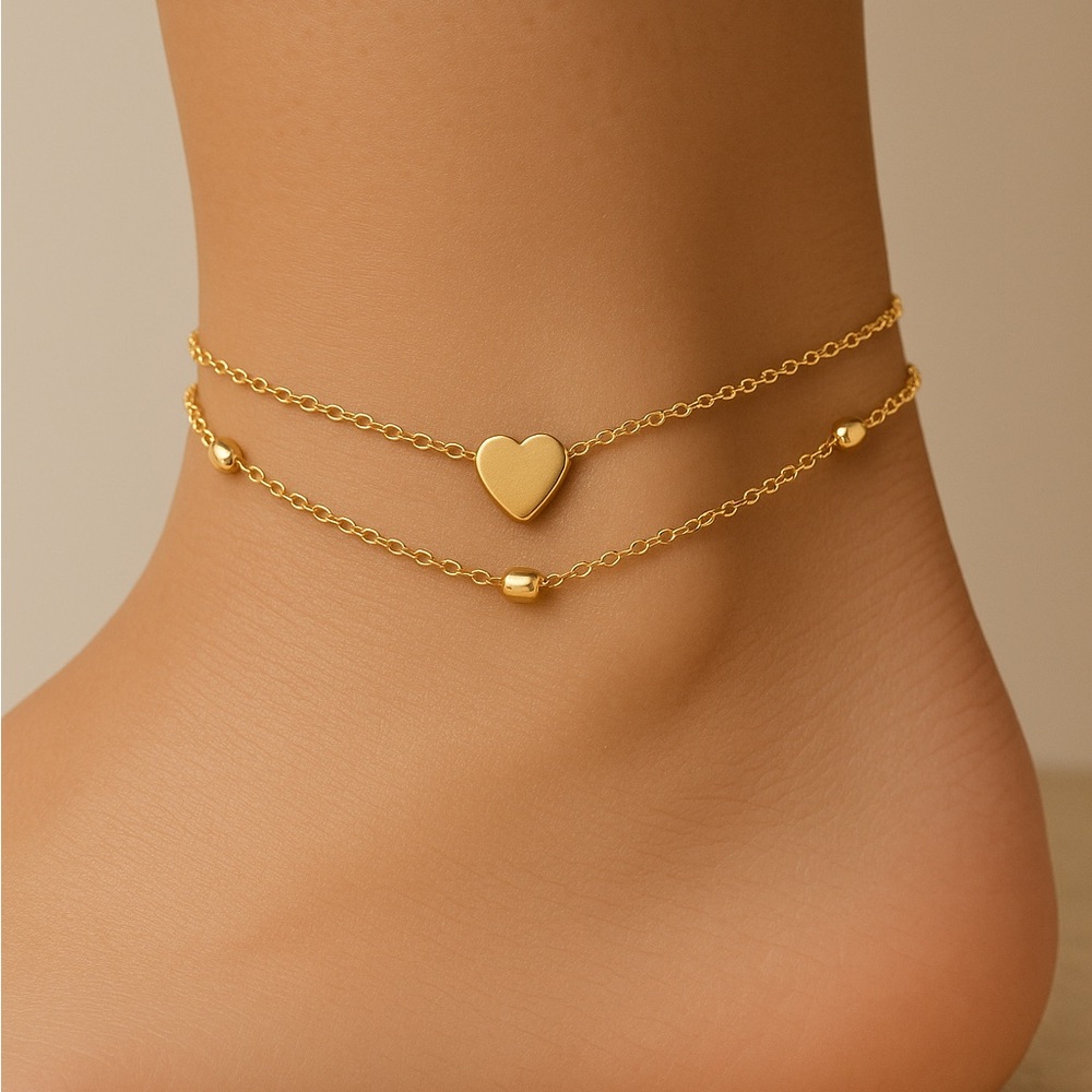 Anklet Gold Heart Stainless Steel Layered Set